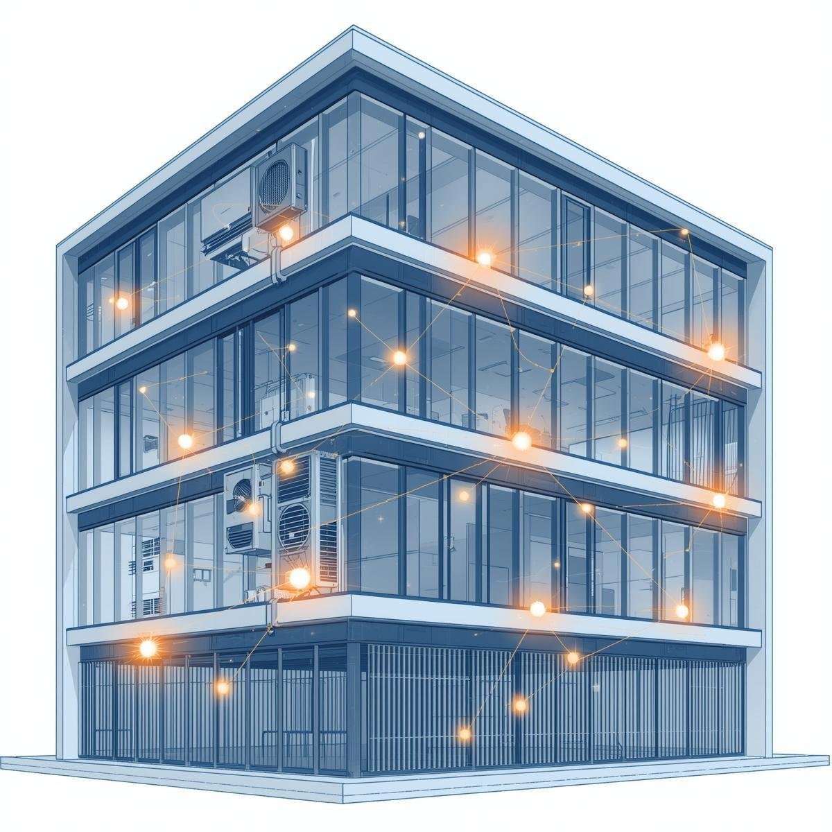 Graphic of a multi-floor office building with HVAC, sensors, and controllers connected via Mesh network with no text in the image.